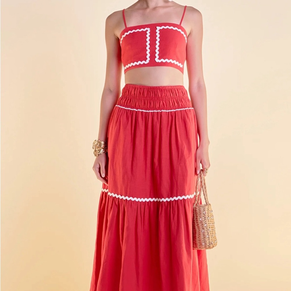 English Factory linen crop top and skirt with ric rac trim set